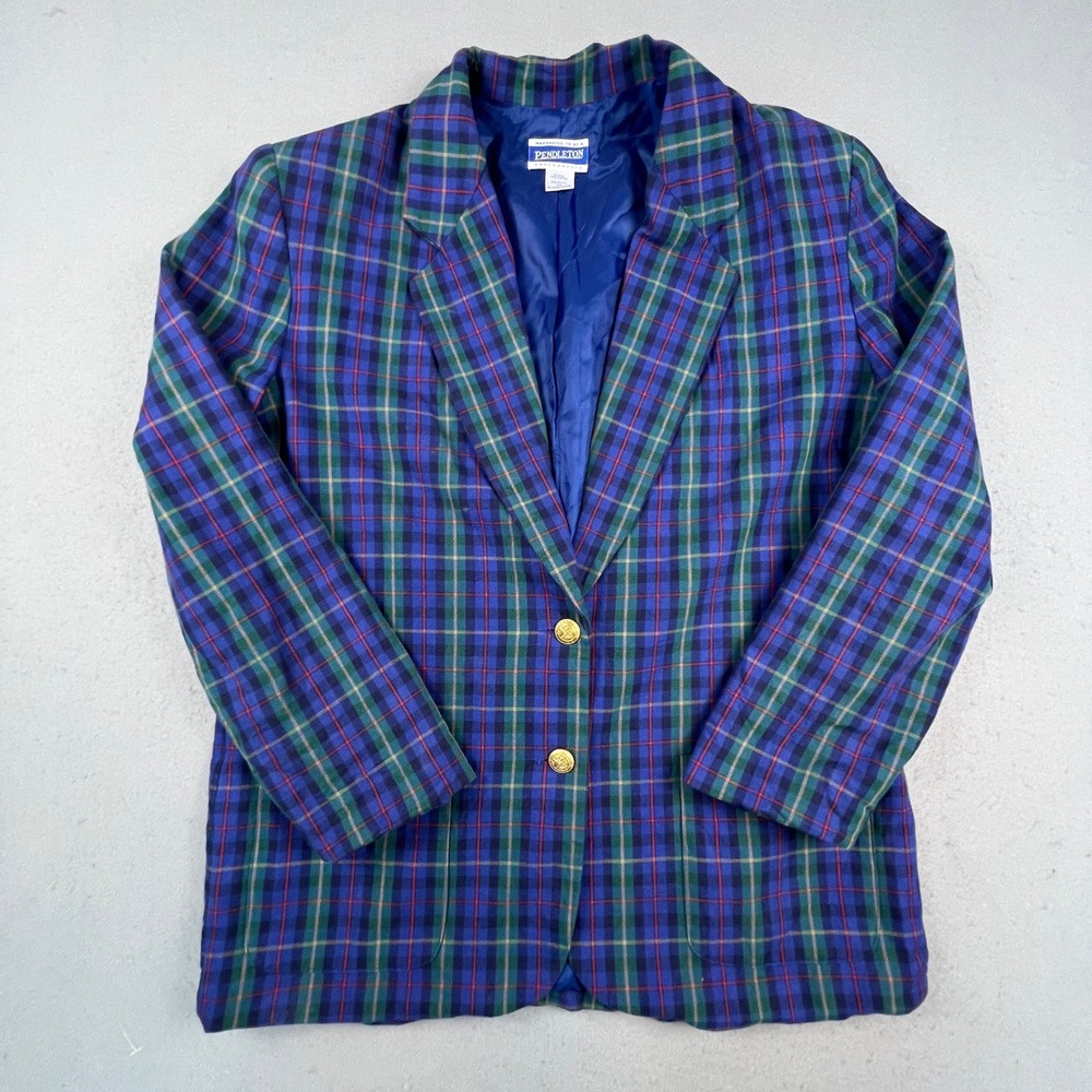 Pendleton Blazer Womens 16 Blue Plaid Cotton Gold Button Knockabouts Preppy USA